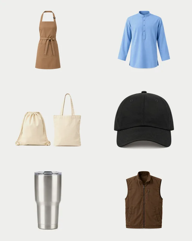 Produk lainnya: apron, baju muslim, tote bag, topi, tumbler, dan vest
